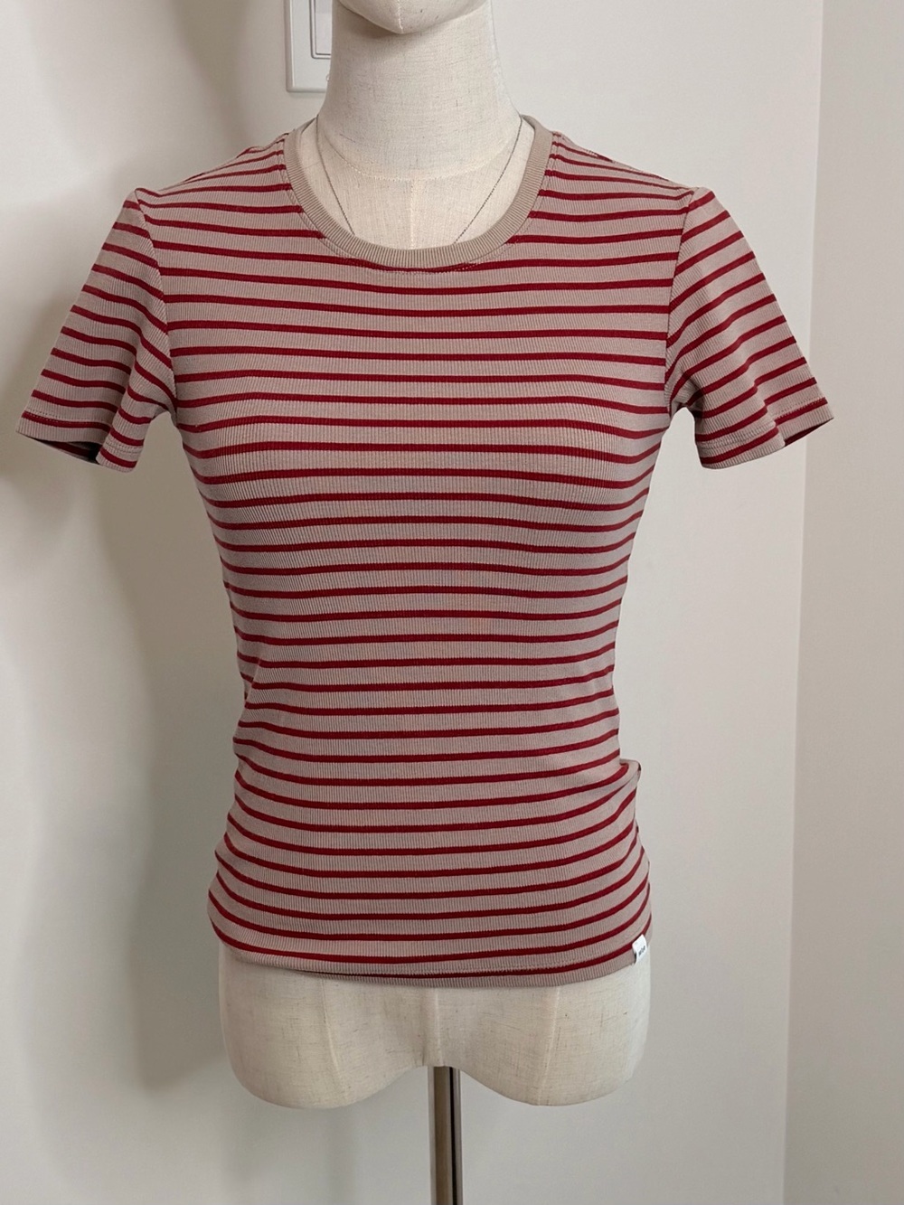 Striped Short-Sleeve Crewneck Tee in Red and Beige